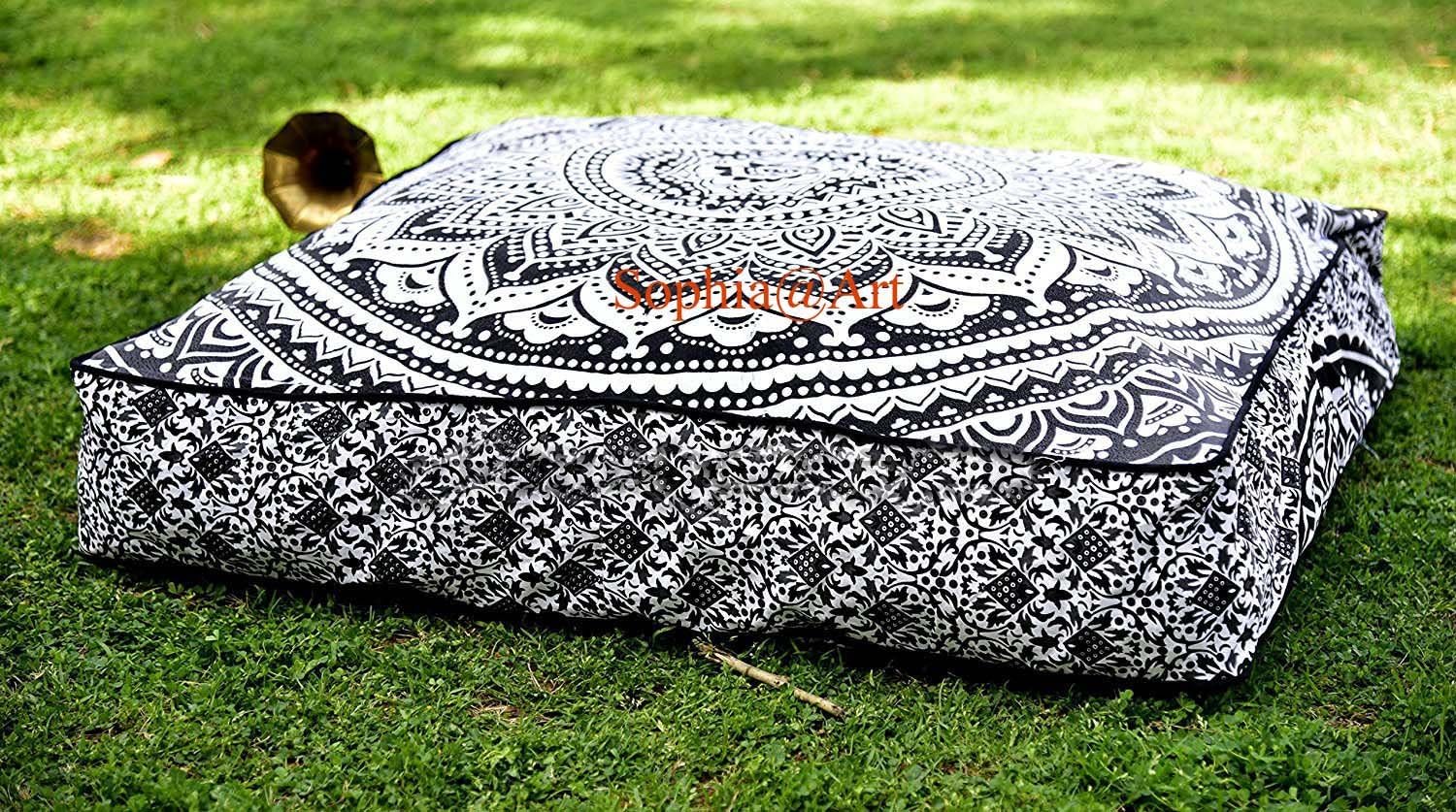 Sophia Art Indian Grey ombre Mandala Floor Pillow Square Ottoman Pouf Daybed Oversized Cushion Cover Cotton Seating Ottoman Poufs Dog/Pets Bed (Grey)