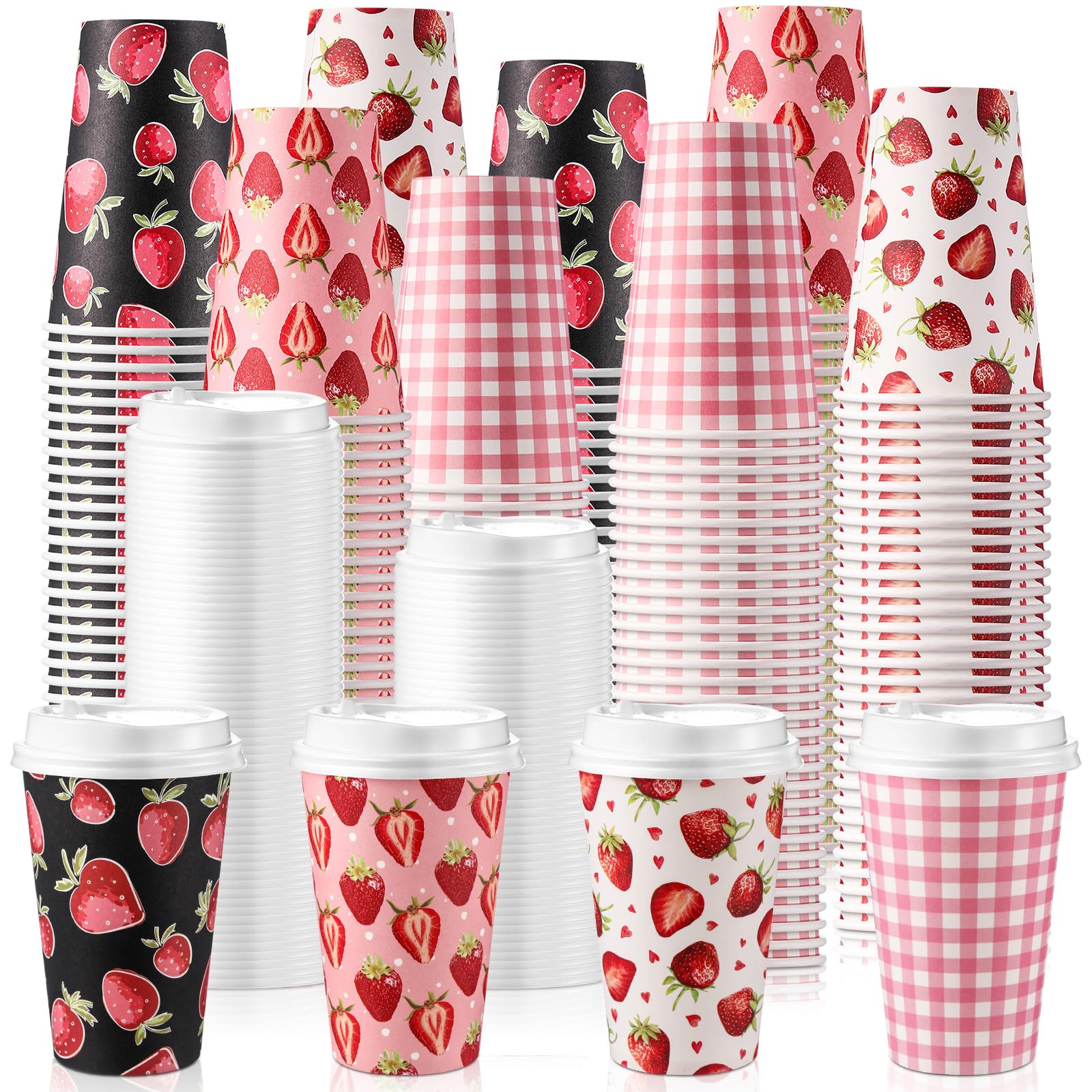 Photo 1 of Jingmore 100 Pcs 12 Oz Strawberry Disposable Coffee Cups with Lids Red Strawberry Paper Drinking Cup for Hot Cold Beverage Drink Juices for Stand Supplies Summer Party Decoration Birthday
