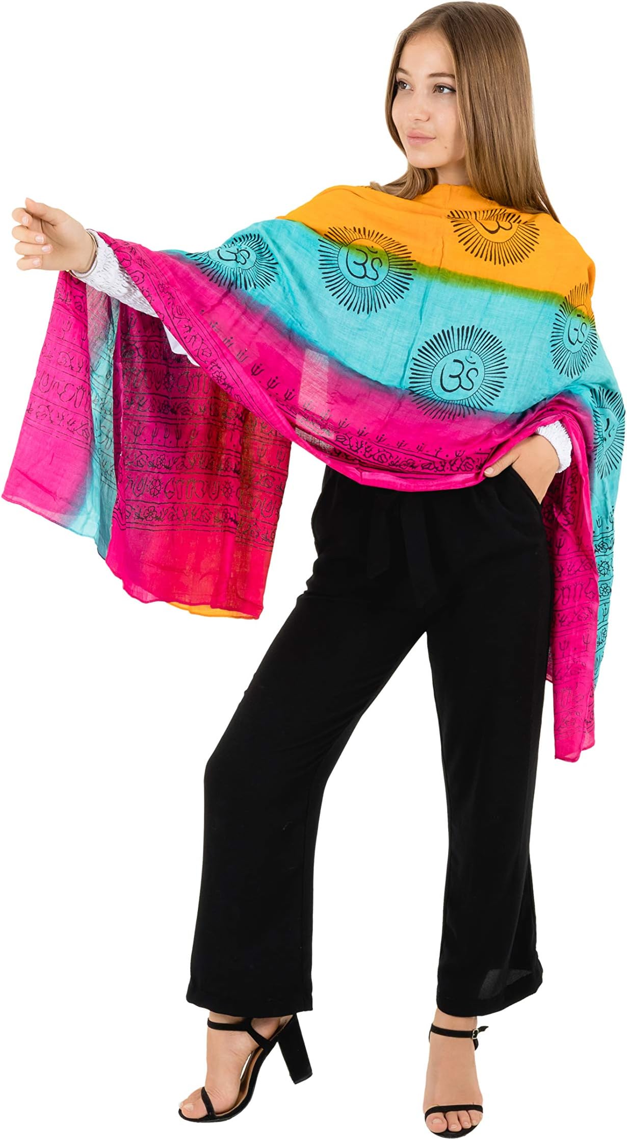Large OM Mantra Scarf Block Printed Wrap Prayer Shawl For Yoga & Meditation - Premium Quality - OMA BRAND