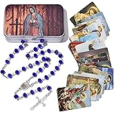 SZQCZB Crystal Rosary Bead Catholic for Women, Our Lady of Guadalupe Medal with Metal Box and 18Pcs Prayer Cards