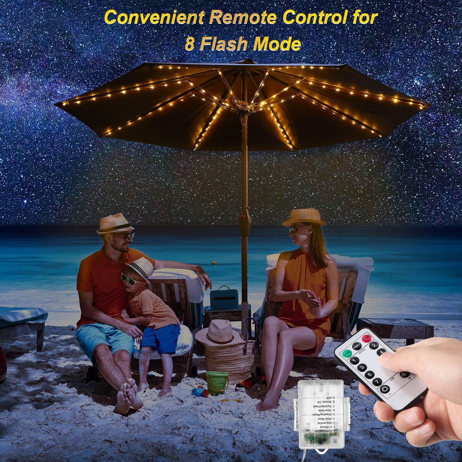 Patio Umbrella Lights Warm White String Lights with Remote Control 104 Bright LED 8 Modes Wireless Battery Operated Waterproof Outdoor Pole Lights for Patio Umbrellas Camping Tents Garden Decoration - Image 5