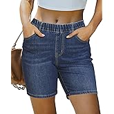 luvamia Jean Shorts for Women Trendy Pull On Mid Rise Elastic Waist Summer Casual Stretchy Long Denim Walking Shorts