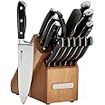 Sabatier 15-Piece Forged Triple Rivet Knife Block Set, High-Carbon Stainless Steel Kitchen Knives, Razor-Sharp Knife set with Acacia Wood Block, Black Handles