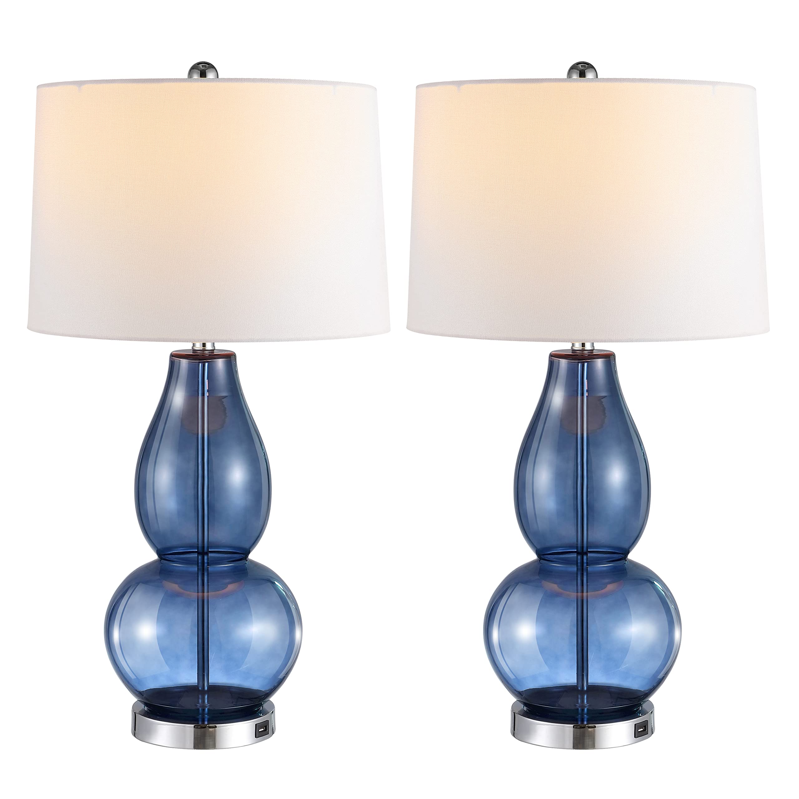 SAFAVIEH Lighting Collection Mercurio Blue Glass Double Gourd 28-inch Table Lamp Set of 2 with USB Charging Port (LED Bulbs Included) Image