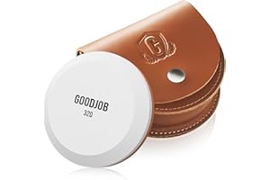 Goodjob Axe Sharpening Stone Premium Japanese Dual Grit 150/320 Ax Sharpener, Round Axe Sharpening Puck, Axe Whetstone Puck for Hatchet and Tool with Leather Sheath - Brown