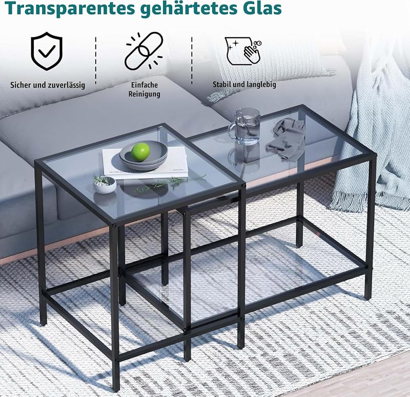 Couchtisch aus Glas,couchtisch,Wohnzimmertisch,Living Room Table Quadratisch Couchtisch 2er Set, Coffee Table,Beistelltisch, Sofatisch für Schlafzimmer, Wohnzimmer, Büro (Schwarz) — Foto 3 von 8