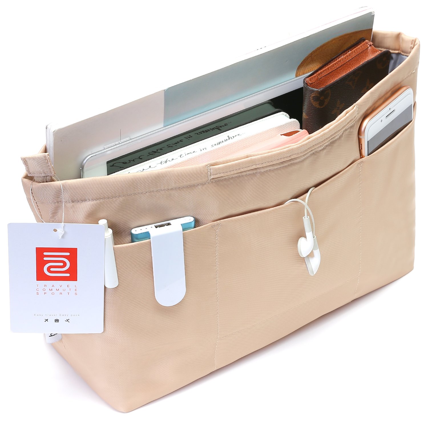 iN. Purse Organizer Insert with zipper Nylon fabric for women Handbags & Totebag beige Size: Medium: 15.7"(Top)/12.2"(Bottom) L × 4.7"W × 8.3"H