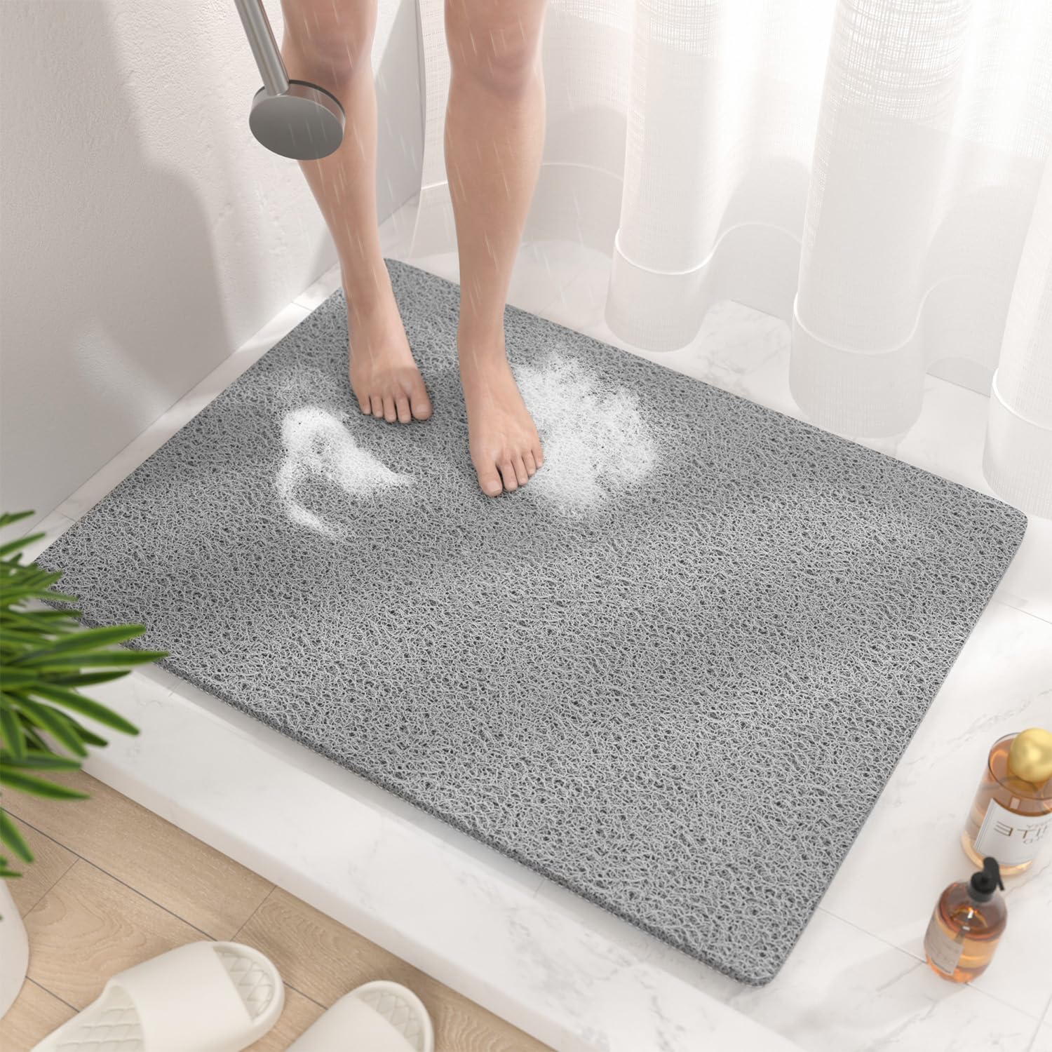 HITSLAM Shower mat Non Slip, 60 x 80 CM Bathtub Mat Non Slip with Drain, Soft PVC Loofah Shower Bath Mat for Tub, Quick Drying Bathroom Shower Mat, Grey