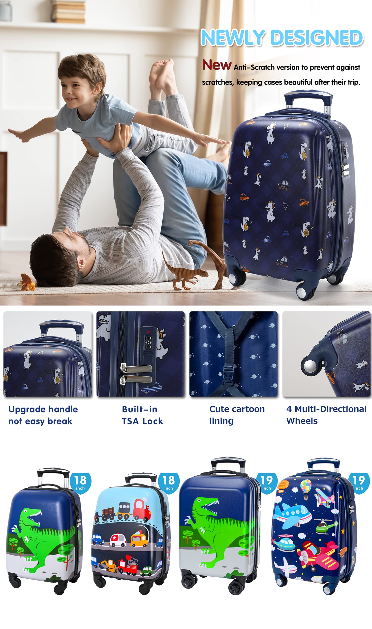 GURHODVO Kids Carry On Luggage Children Rolling Suitcase with 4 Wheels Hardshell Case for Toddler to Travel (dinosaur&car)