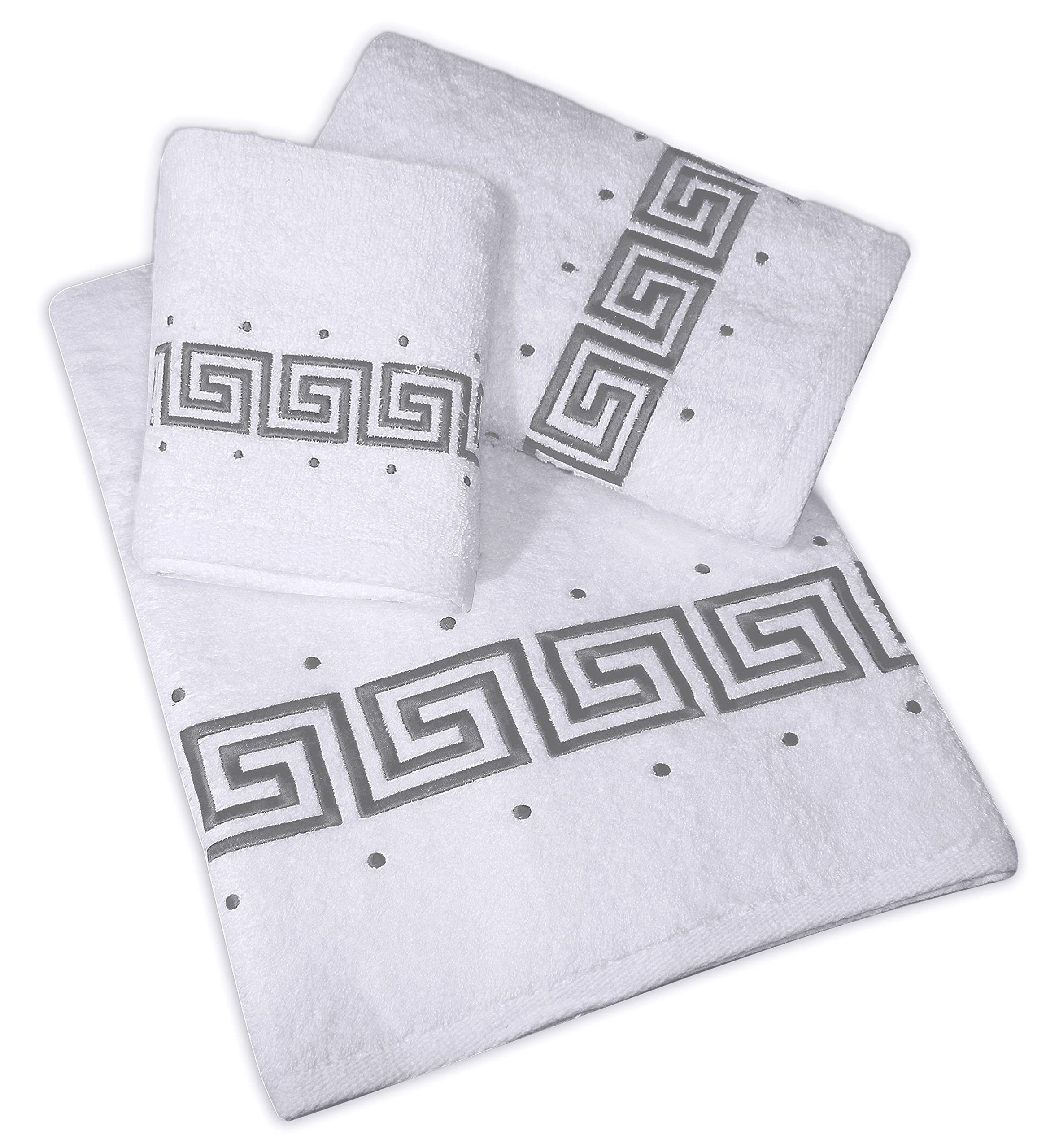 Decorative Greek Key 100% Cotton 3 Piece Set - 650 GSM - Soft and Absorbent - Embroidered Towels Gift Set - 1 Bath Towel, 1 Hand Towel, 1 Guest Towel - Hotel Collection Bathroom Towel (White)