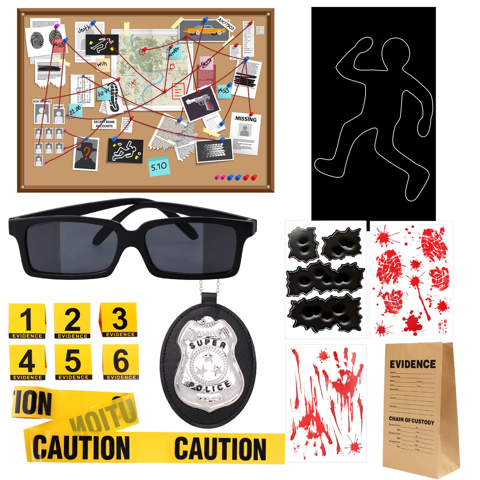 Photo 1 of Kyson Halloween Crime Scene Decor Kit-Murder Mystery Dinner Party Decorations Includes Body Silhouette Caution Tape Evidence Marker Bag Bloody Stickers Badge Spy Glasses (15 Pieces)