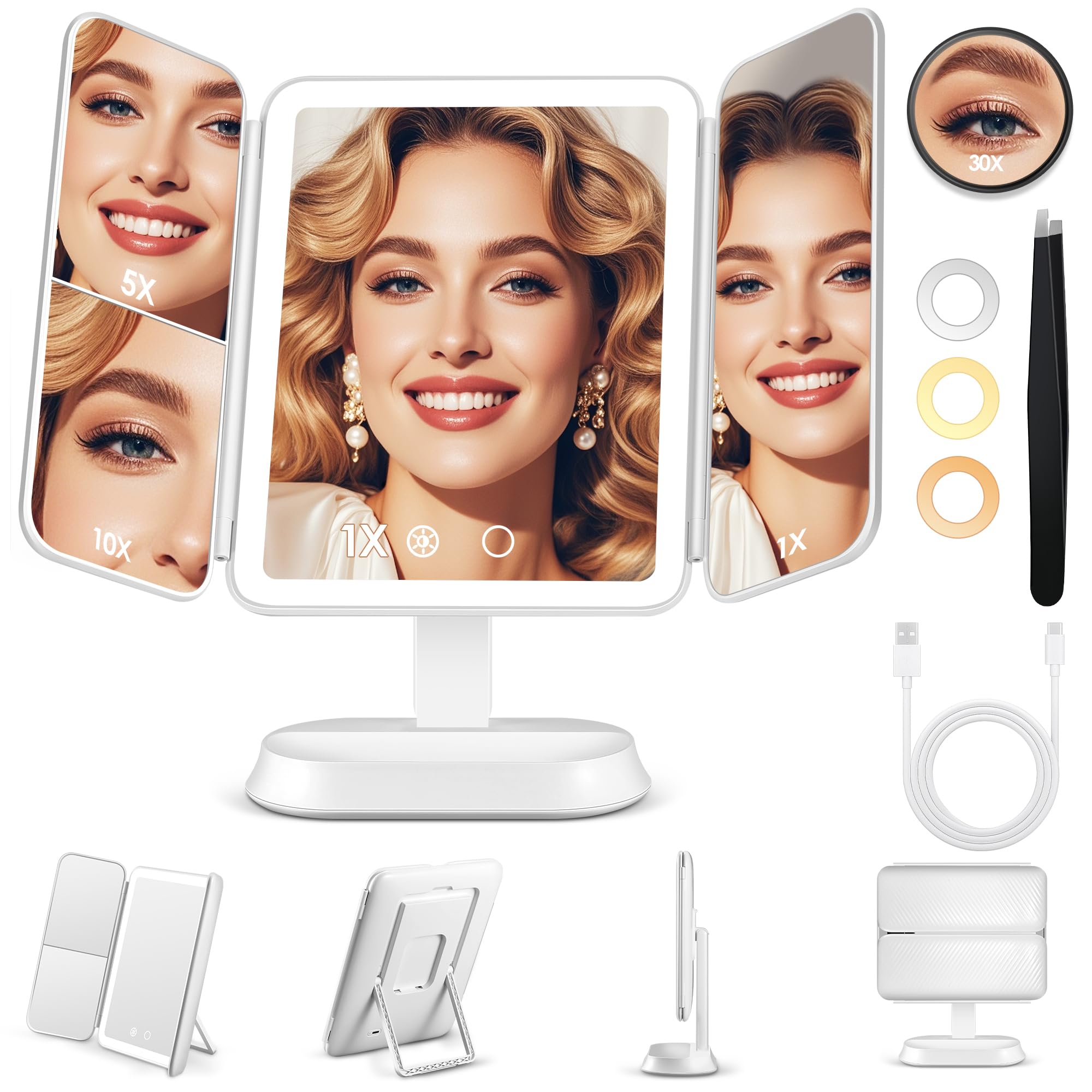 Photo 1 of Lighted Makeup Mirror with 30X/10X/5X Magnification, Detachable Design for Travel, Rechargeable Trifold Mirror with 3 Color& Adjustable Brightness, Portable Makeup Mirror with Lights for Desk