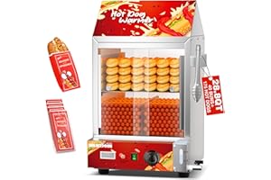 WantJoin Hot Dog Steamer - 28.8QT Red Adjustable Temperature Electric Hot Dog Steamer with Bun Warmer, Dual Glass Sliding Door for 175 Hot Dogs and 40 Buns