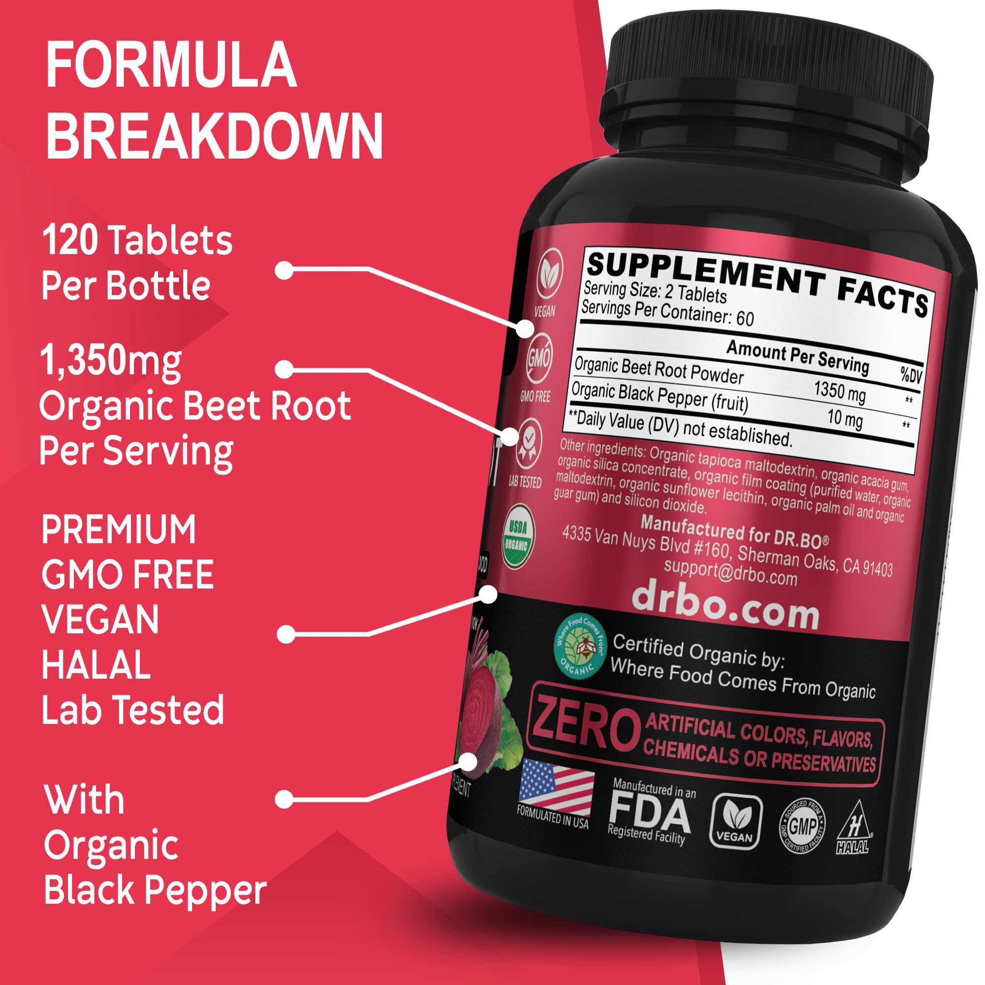 Organic Beet Root Capsules Supplements - 1350mg Beetroot Powder Extract Pills, Organic Beet Root Powder Supplement, Super Nitric Oxide Beets High Circulation Total Vitamins Support - 120 Beets Tablets