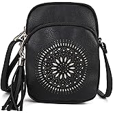 AFKOMST Small Crossbody Bag and Boho Cell Phone Purse for Women,Faux Leather Shoulder Handbag with Tassel,Triple Zip