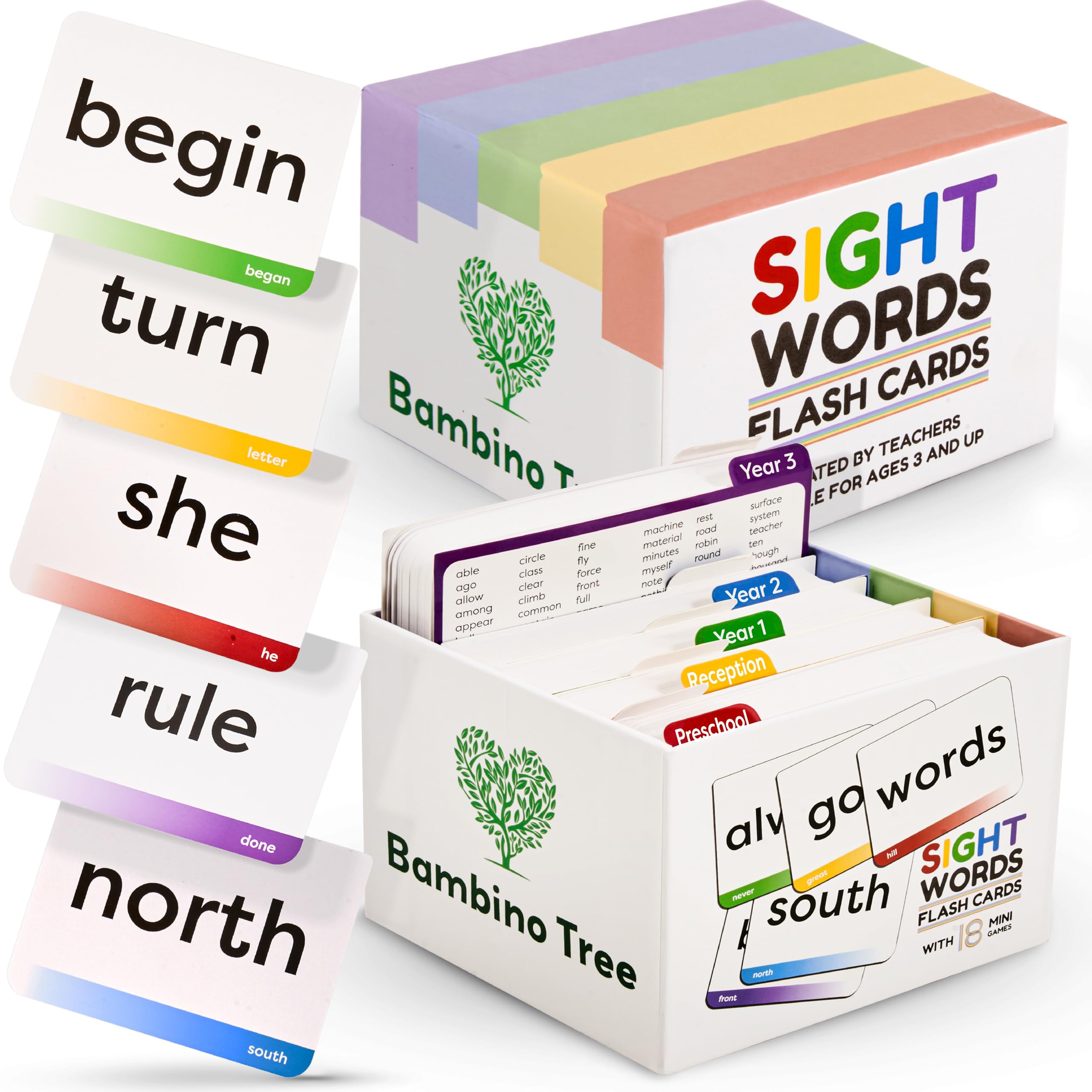Sight Words Flash Cards Set - Preschool to Year 3-600 Words from Dolch's and Fry's Lists with 18 Mini Games