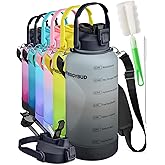 EnergyBud 1 Gallon Water Bottle With Straw Dishwasher-Safe BPS & BPA Free, 2 Cleaning Brush Motivational 128oz Water Jug with Time Markers, Wide-Mouth Tritan, Gym & Exercise Equipment(Clear & Black)