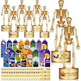 Zhehao 104 Pcs Halloween Trophies Best Costume, Gold Skeleton Contest Award | 8 Pcs Plastic Skeleton Skull Awards with 48 Tags and 48 Stickers for Halloween Party Prizes and Favors, Bulk Pack