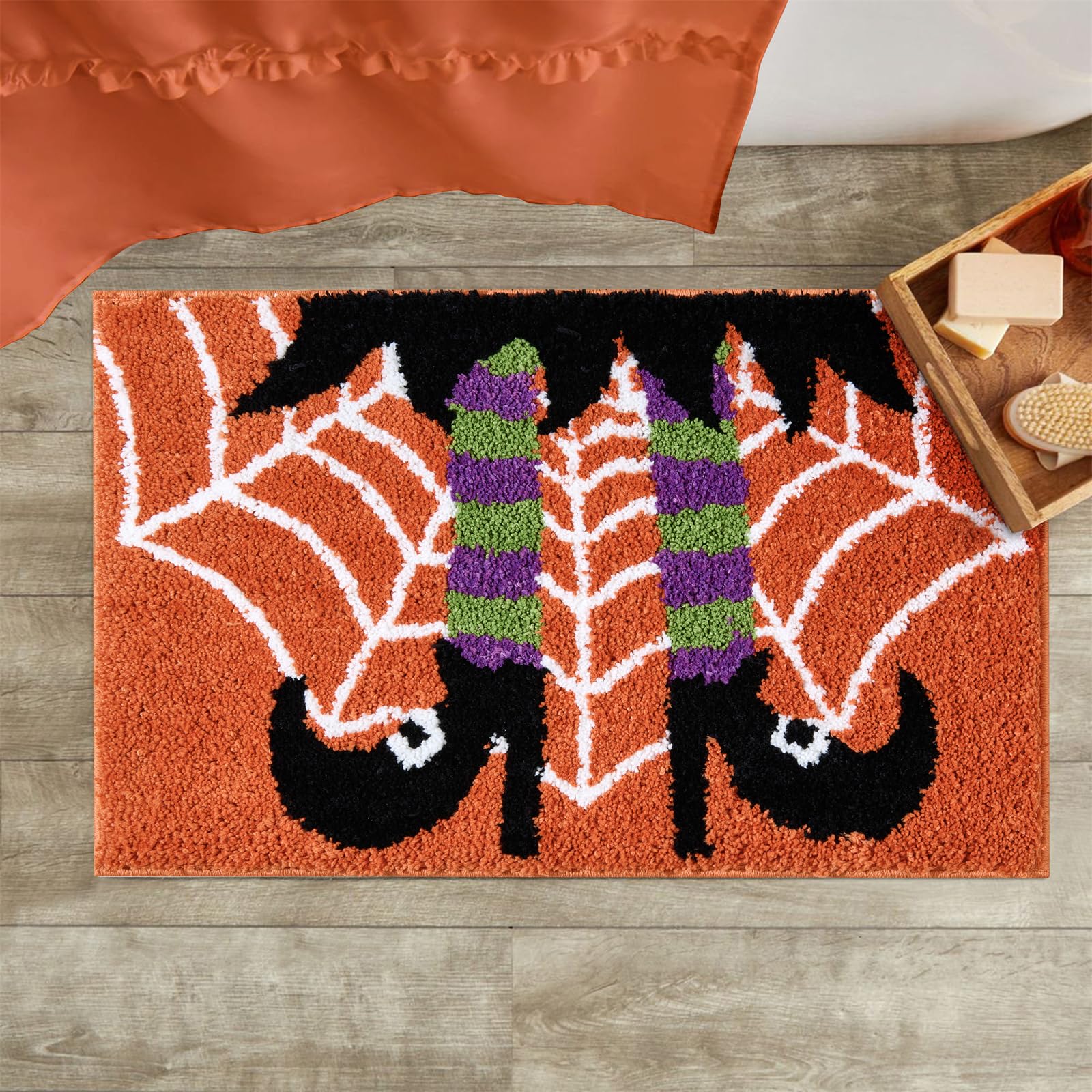 Photo 1 of RoomTalks Vintage Witchy Halloween Bath Mat for Bathroom Non Slip Washable, Cute Witch Shoes Spider Web Microfiber Tufted Halloween Bath Rug 16’’W x 24’’L, Witchcraft Spooky Season Bathroom Mat