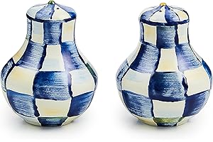 MACKENZIE-CHILDS Enamel Salt and Pepper Shakers, Kitchen Table Spice Shaker Set, Blue-and-White Royal Check, Small
