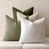 Aesthaboho Green Linen Pillow Covers Set of 4, Decorative Plaid Throw Pillow Covers 18 x 18 Inch, Boho Cushion Soft Farmhouse Vintage Cozy Neutal Home Decor for Living Room Bedroom