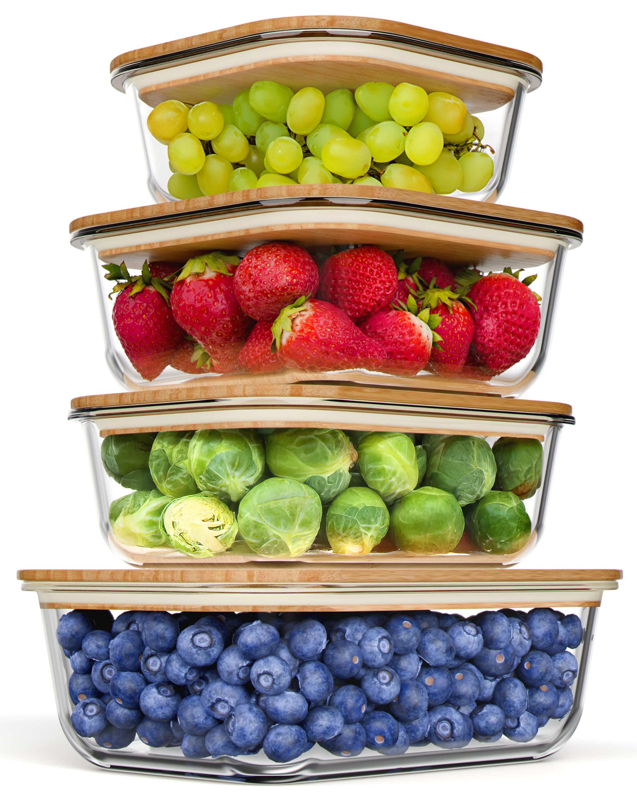 Photo 1 of 4 Pack Glass Food Storage Containers with Bamboo Lids, Meal Prep Glass Tupperware with Wooden Lid – Dishwasher & Microwave Safe, Plastic Free, BPA Free