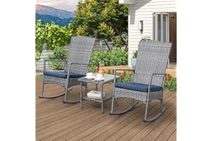 OASISHINE Rocking Chair Outdoor 3 Pieces High-Backed Patio Rocking Chairs Bistro Table and Chairs Set of 2, Navy Blue