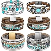 Sasylvia 6 Pcs Turquoise Bracelet for Women Leather Bracelet Western Jewelry for Women Multilayer Boho Cuff Bangle Set