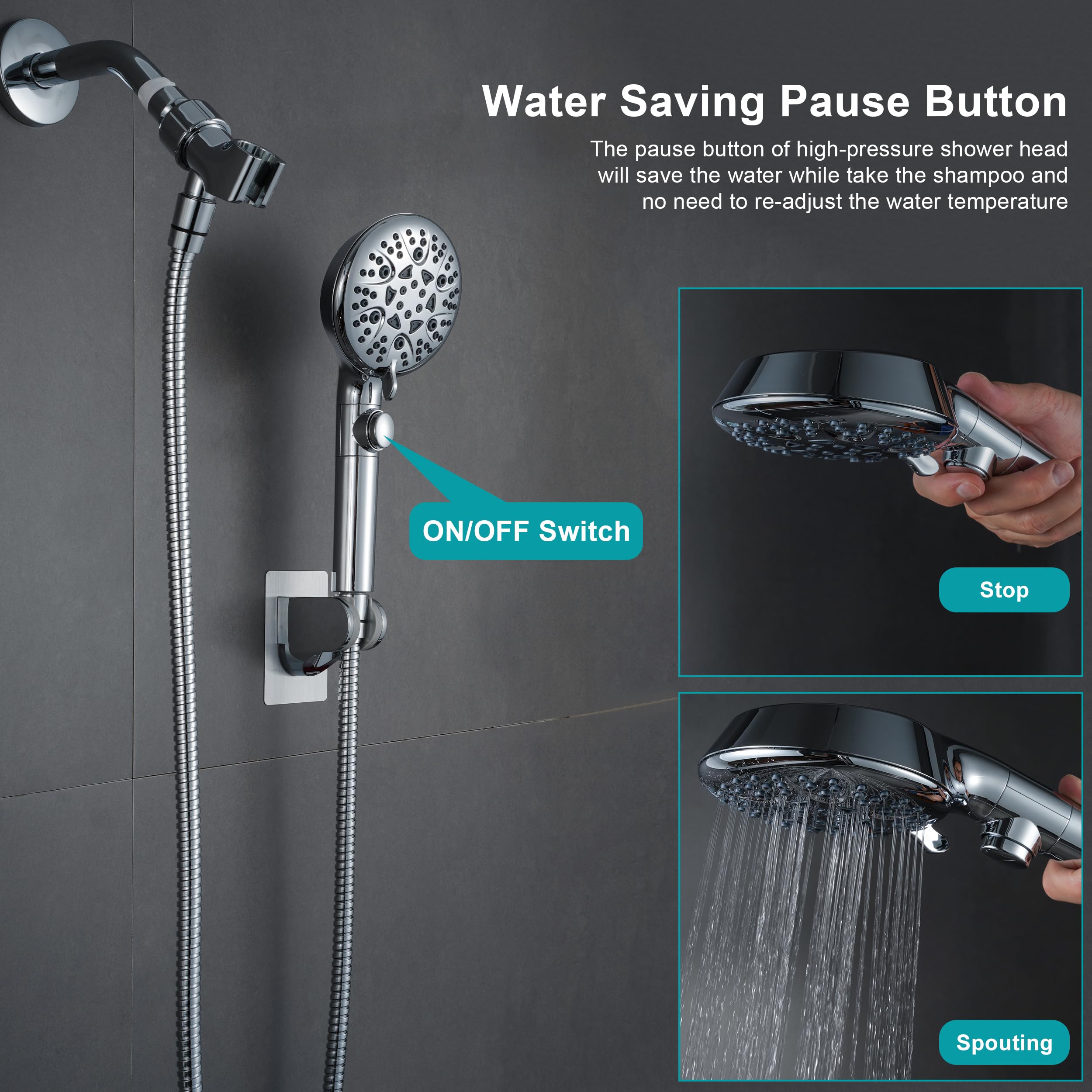 Handheld Shower Head with On Off Switch 8-Mode High Pressure Showerhead with 79 Inches Extra-long Stainless Steel Hose and Bracket PLUS Extra Low-Reach Adhesive Wall Mount for Kids,Silver…