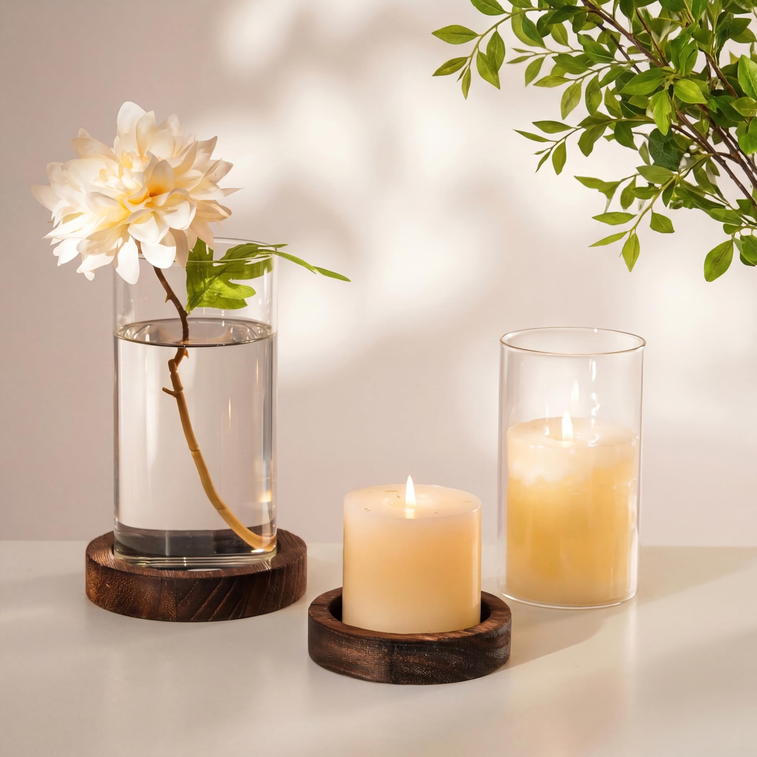 NUPTIO Rustic Candle Holders Brown: Glass Cylinder Hurricane Vases with Wood Plate Base for Pillar Floating Candles Set of 2 Wooden Hurricanes Vase Pillars Holder for Wedding Party Table Centerpiece