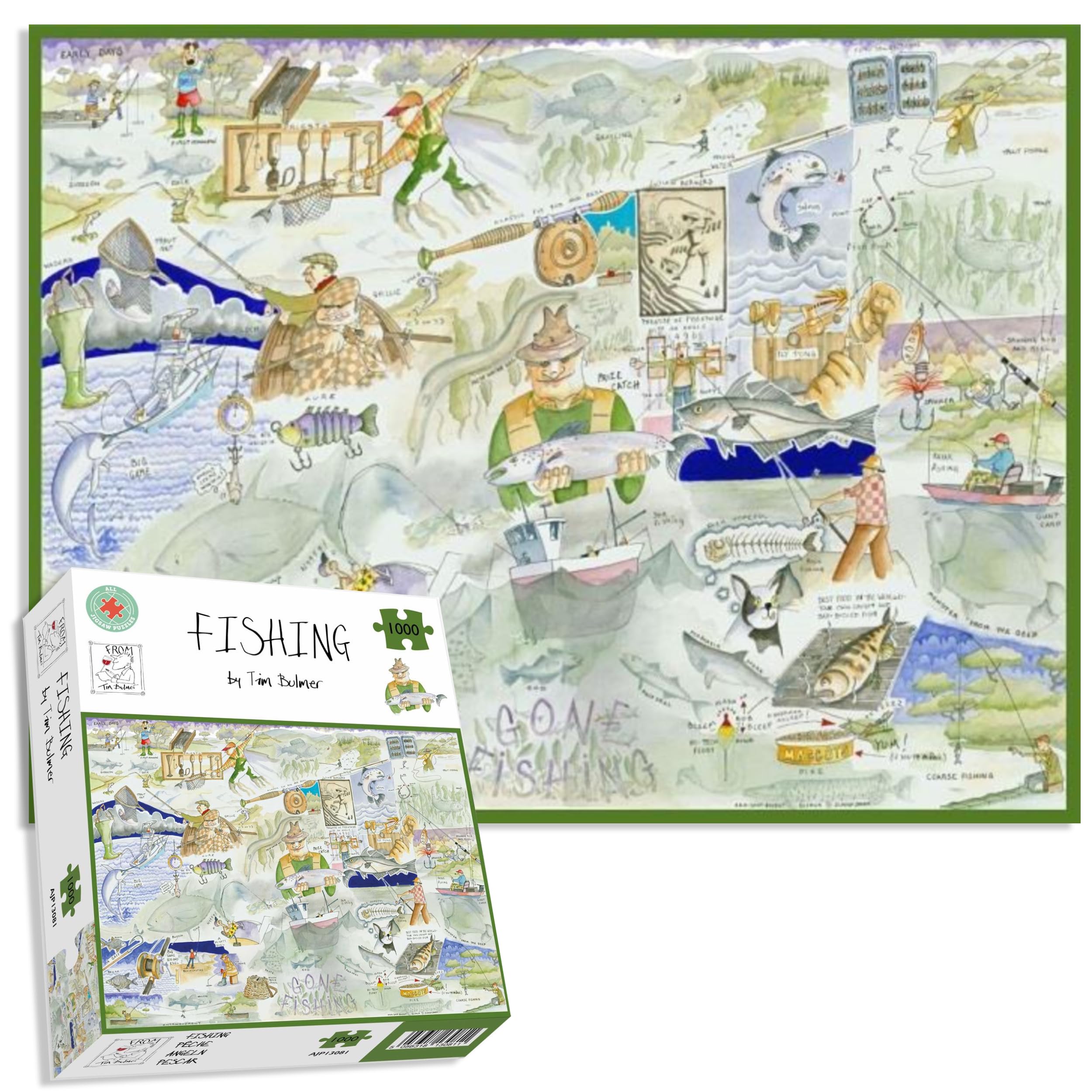 Tim Bulmer's 1000-Piece Fishing Jigsaw Puzzle – Fun, Fish-Filled Illustration with Grayling, Trout, Carp, and More – Perfect for Fishing and Puzzle Enthusiasts