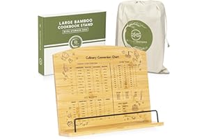 2KitchenSisters Large Bamboo Cookbook Stand – Storage Bag & Recipe eBook Included – Wide 34x8cm Base fits Big Books & Devices