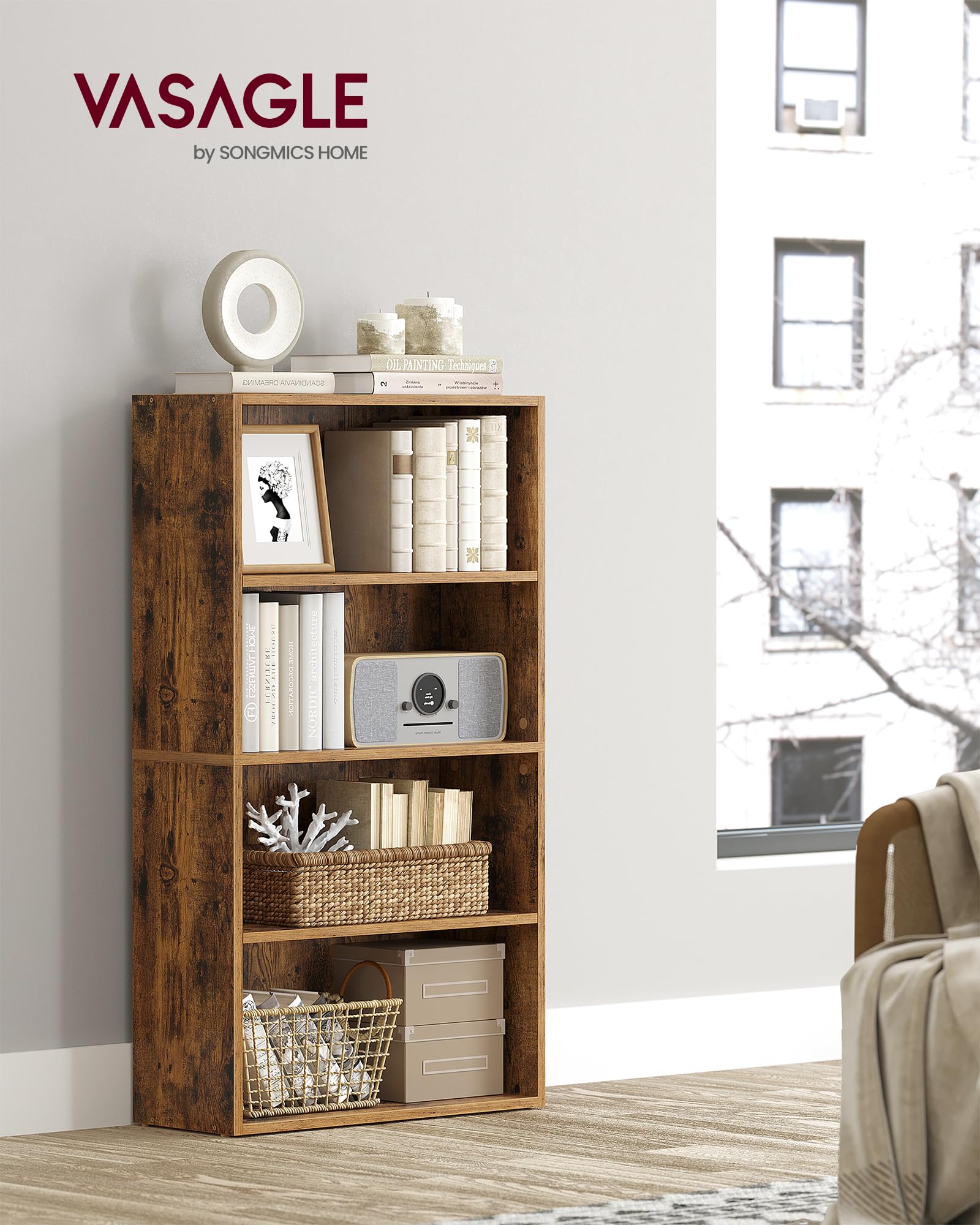 VASAGLE CUSTOS Collection - Bookshelf, 4-Tier Bookcase, Book Shelf, Open Storage Shelf, 9.4 x 23.6 x 42.4 Inches, for Living Room, Home Office, Dinning Room, Rustic Brown ULBC164X01
