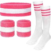5 PCS Sweatbands Set, Sweat Bands Neon Sports Headband Wristbands and Striped Socks Set Pink Headband Sports Headbands 80s 90s Costumes Accessories Fitness Workout Outfit for Women and Men