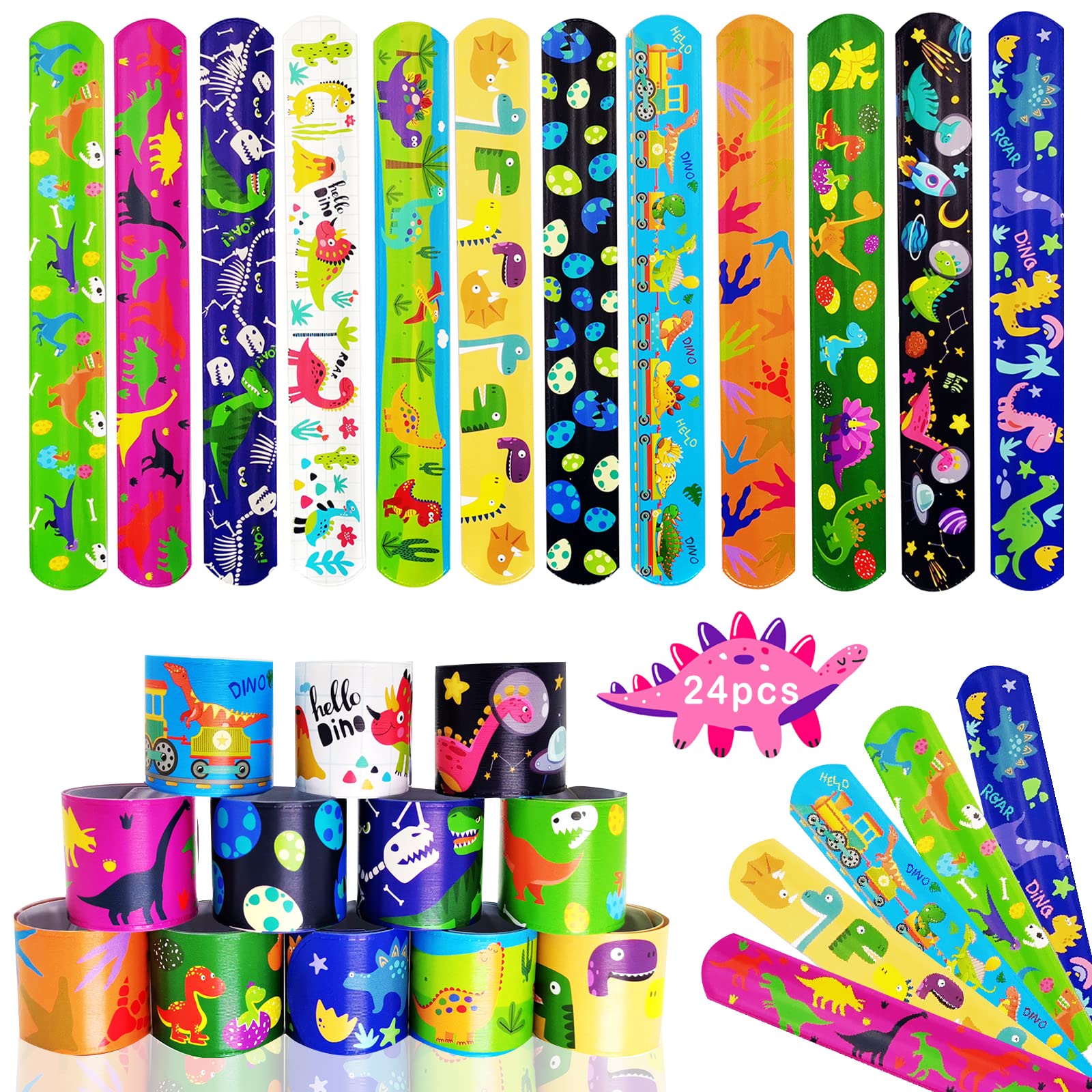 Acuiwer Slap Bracelet Slap Wrist Bands Bulk for Kids Party Bag Fillers Party Supplies Flavors Gift for Girls Boys Birthday Christmas (Dinosaur-24 pcs)