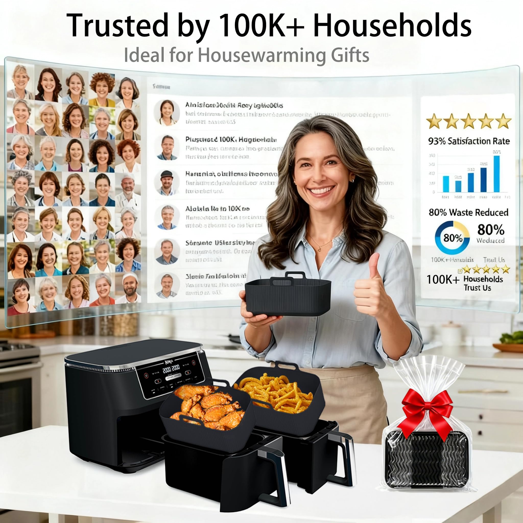 Silicone Air Fryer Liners for Ninja - Reusable DZ201 8QT Dual Basket - Rectangular 2-Pack Vacuum-Packed Easy-Clean Dishwasher-Safe Food-Safe for Home Chefs - Christmas & Housewarming Gifts