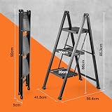 VonHaus Slim 3 Step Ladder Anti Slip Feet 150kg Black Folding view 2