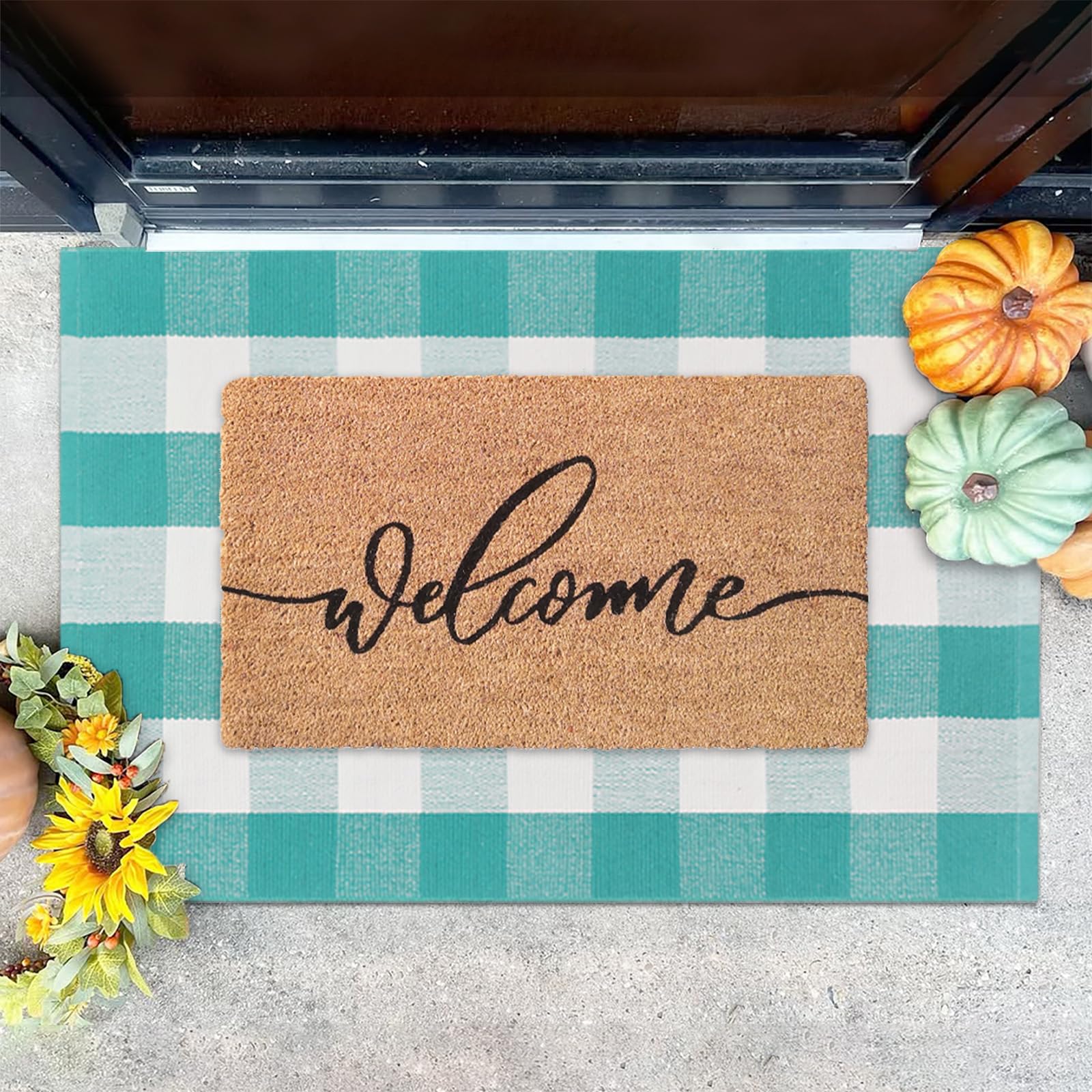 Fallovea Spring Welcome Door Mats Combo Set, 100% Coco Coir Doormat + 28" x 43" Green and White Plaid Rug, Front Porch Entryway Decor Indoor Outdoor Floor Easter Mats - Image 6