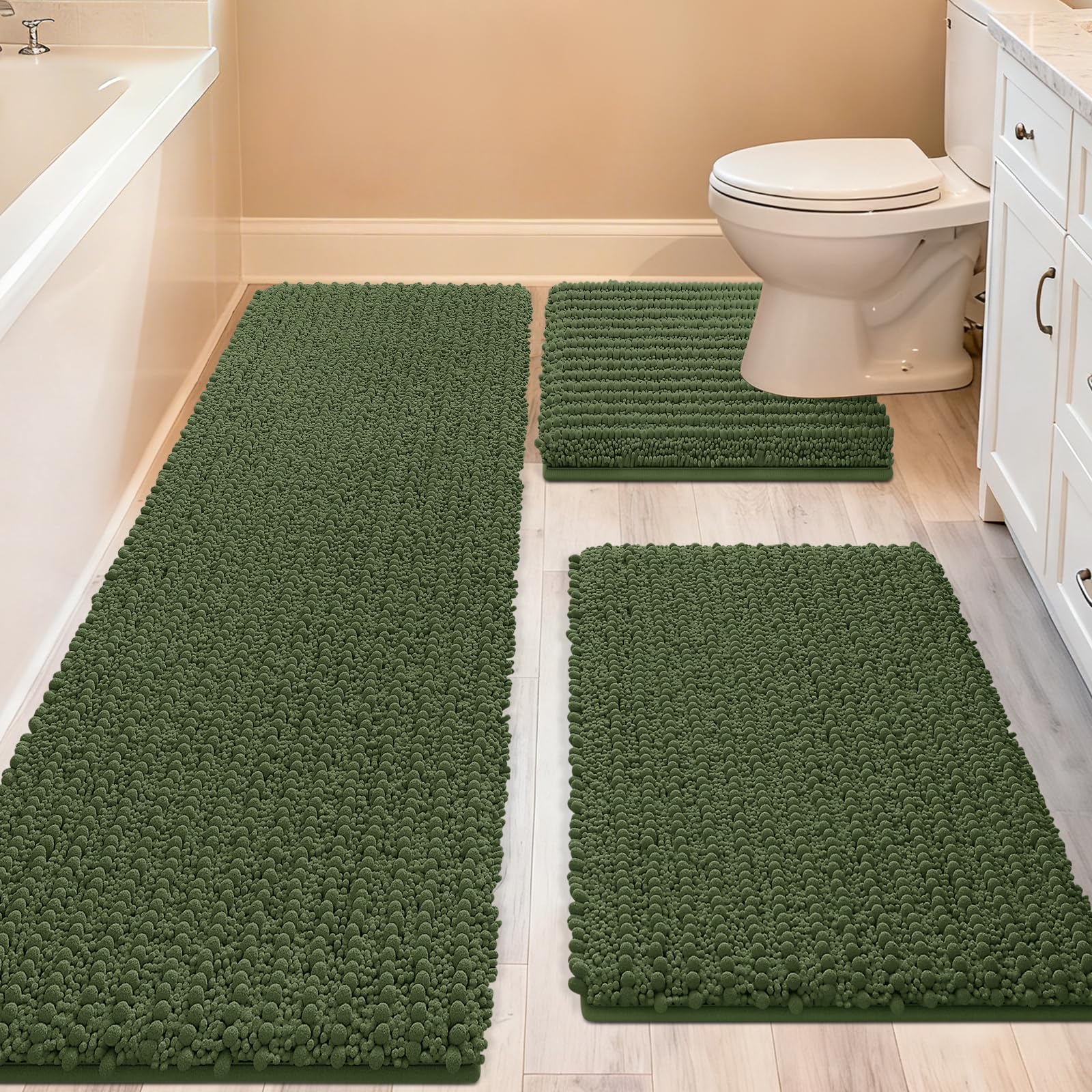 ACCUMTEK Upgrade Extra Large Oliver Green Bathroom Rug Set 3 Pieces Ultra Soft, Thick Absorbent Bath Mats, Non Slip Chenille Toilet Mat for Bathroom, Bedroom, Kitchen Image
