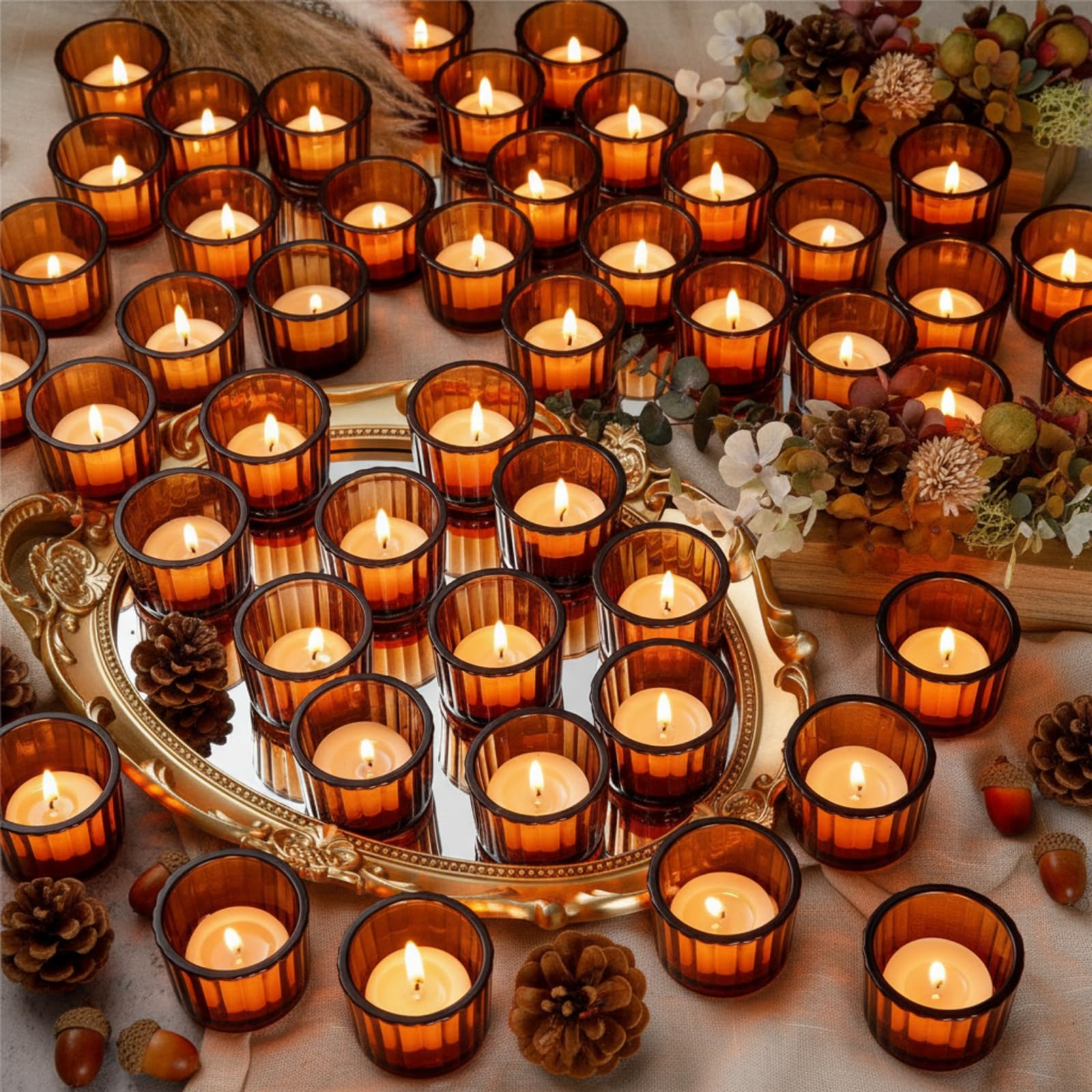 Photo 1 of Mumufy 100 Pcs Glass Tealight Candle Holder Ribbed Votive Candle Holder for Centerpiece Wedding Proposal Spa Aromatherapy Meditation Home Decor (Amber)