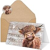 Whaline 36Pack Highland Cow Thank You Greeting Cards with Envelopes Stickers Wood Grain Farm Animal Blank Note Cards for Christmas Wedding Bridal Baby Shower Small Business Birthday Farmhouse Party