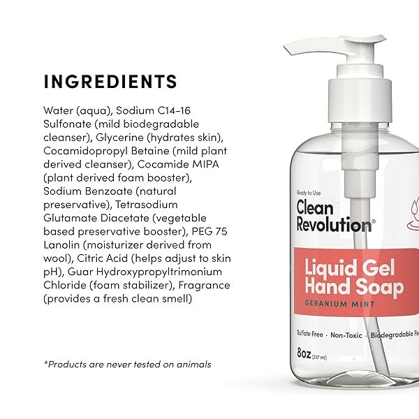 CLEAN REVOLUTION LIQUID GEL HAND SOAP, SILKY RICH LIQUID, QUICK LATHER, FAST RINSING, CONTAINS REAL ESSENTIAL OILS (GERANIUM MINT) 8 FL OZ