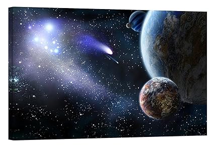 Lightfairy Glow In The Dark Canvas Painting Stretched And Framed Giclee Wall Art Print Space Outerspace Comet And Planets Master Bedroom Living