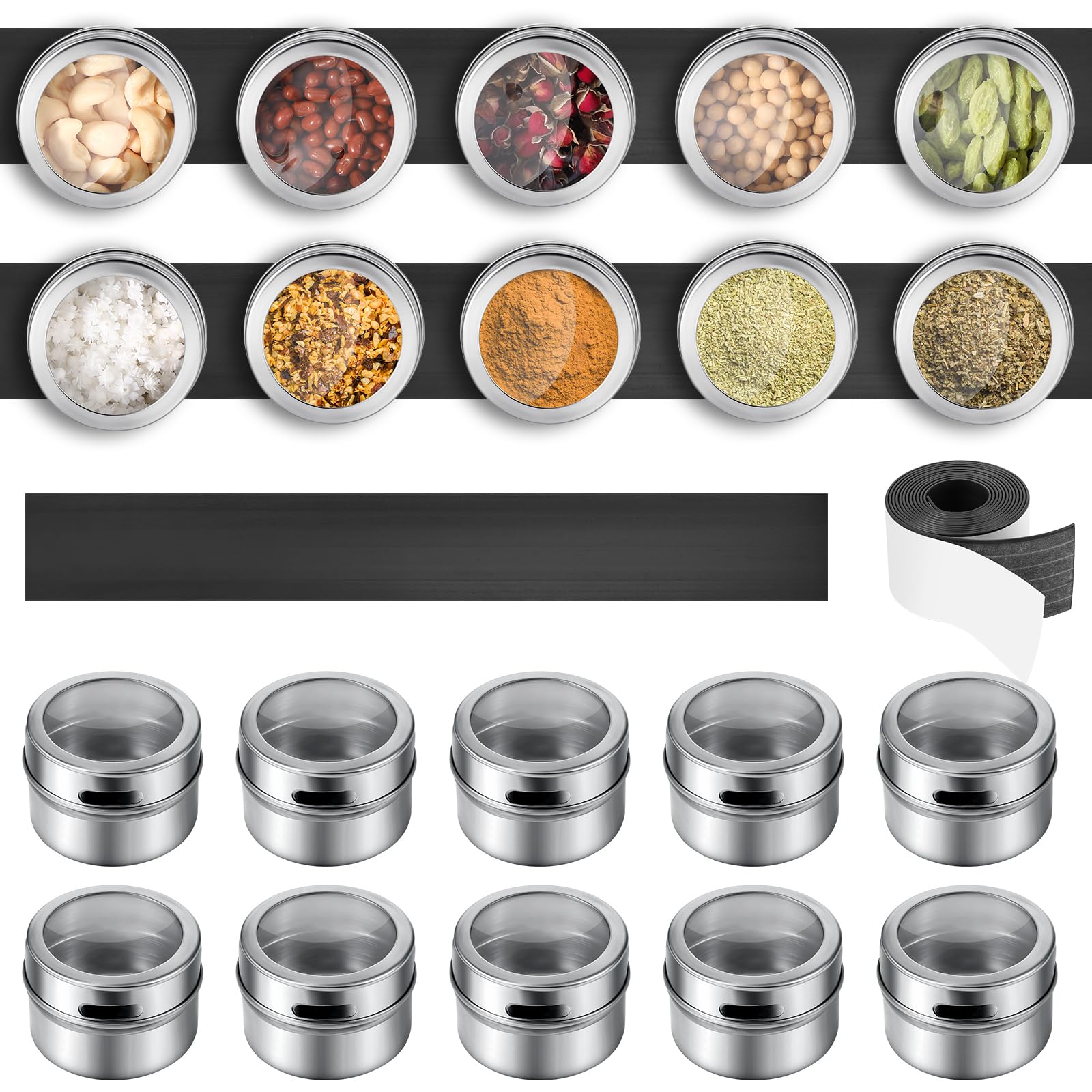 Photo 1 of FoldTier Magnetic Spice Containers Set - 20 Pcs 2oz Jars With Sift and Pour Lids, Stainless Steel, 6.6 Feet Tape for Kitchen, Cabinets, Refrigerator, Wall