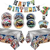 Mifoci 171 Pcs Monster Truck Party Supplies Tableware Kit Serve 24 Guest Plates Cups Knives Forks Spoons Napkins Tablecloths Banner for Truck Party Racing Car Birthday Decorations(Classic)