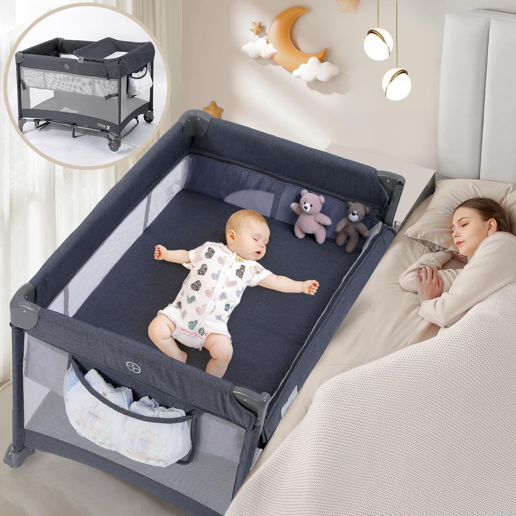 Dripex 5 in 1 Baby Bassinet Bedside Sleeper, Pack and Play with Diaper Changer, Rocking Bassinet, Foldable Playard, Adjustable Height, Portable Crib for Newborn to Toddlers, Dark Grey