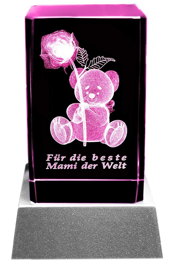 Kaltner Präsente Stimmungslicht: LED Kerze/Kristall Glasblock / 3D-Laser-Gravur Teddy Rose Beste Mami der Welt