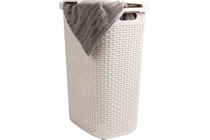 Mind Reader Slim Laundry Hamper with Lid, 60L Clothes Basket, Premium Wicker Design, Plastic, Ivory