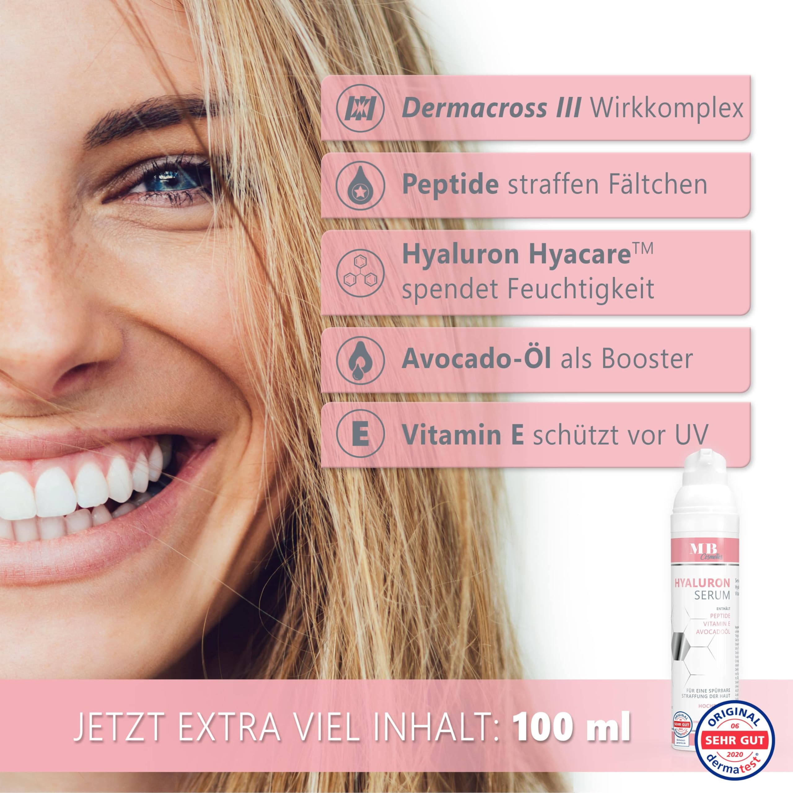 Hyaluron Serum hochdosiert 100ml - mit Anti Aging Booster Avocado-Ol, Peptiden und Vitamin E - vegane Anti-Falten Gesichtscreme für Augen, Hals und Dekollete mit quervernetzter Hyaluronsäure 2