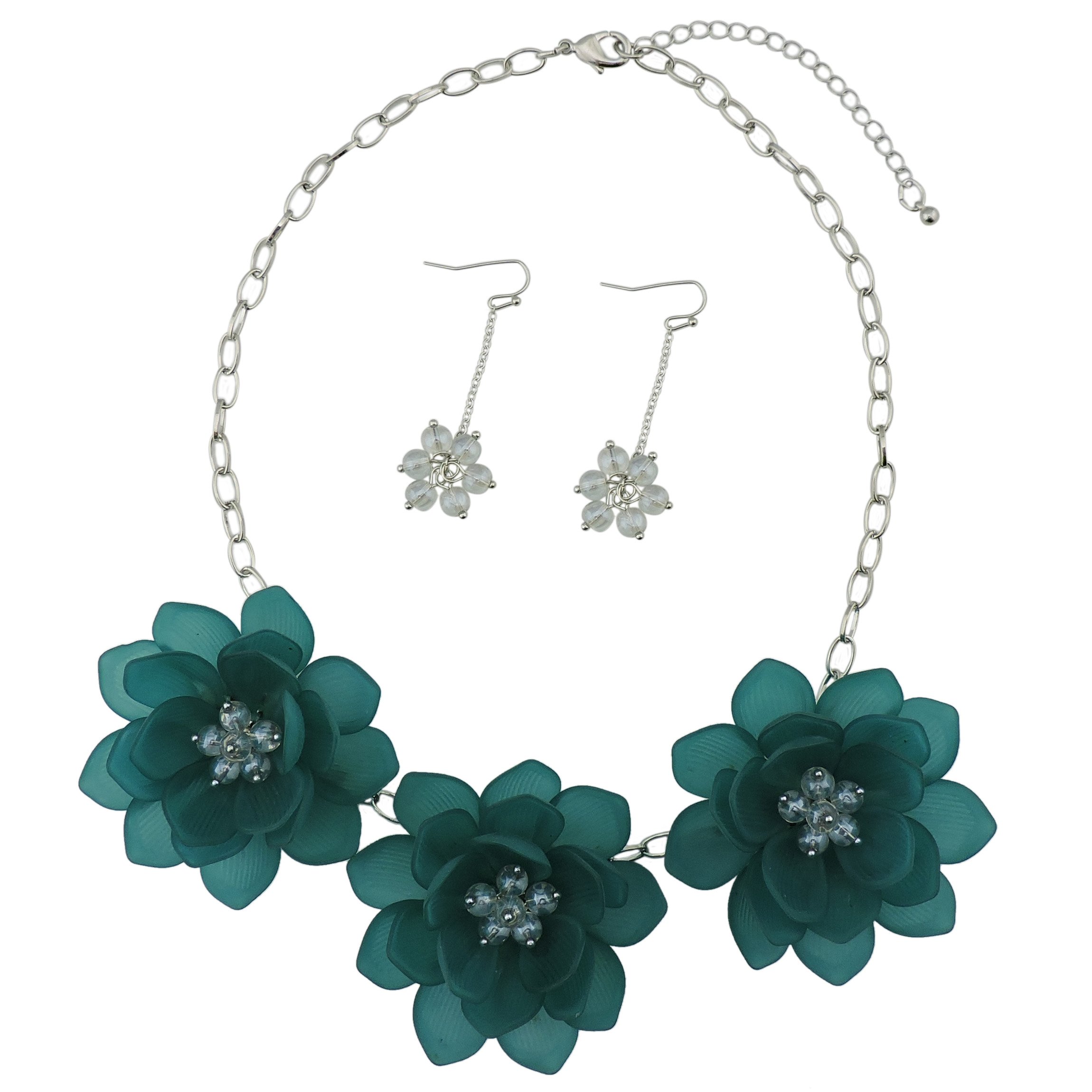 Bocar Flower Statement Pendant Bib Green Necklace and Earrings Jewelry Set for Women Gift (NK-10372-teal)